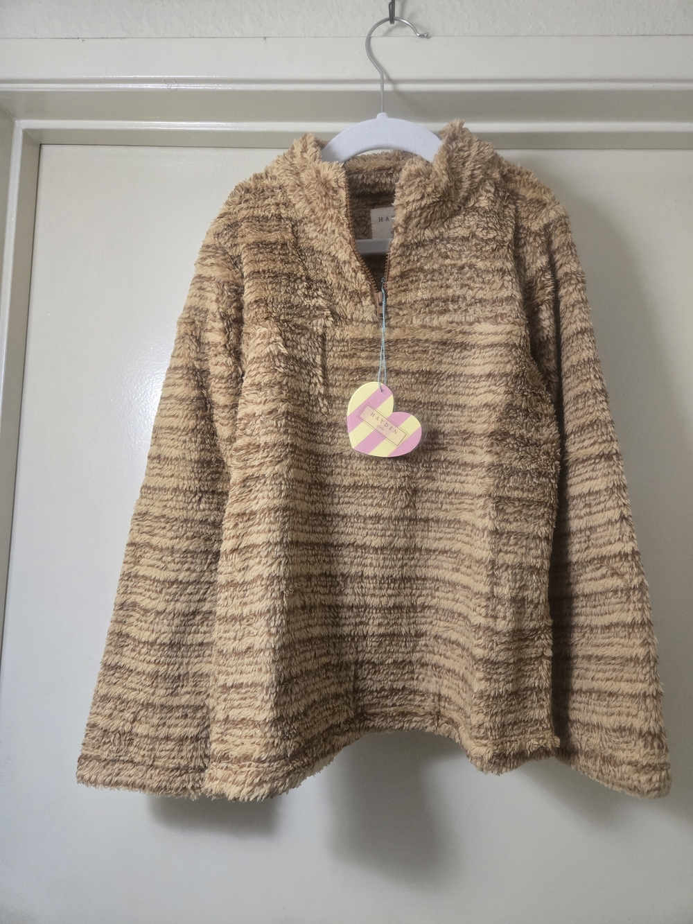 Hayden Girls Tan & Brown Striped Sherpa Half-Zip Pullover. Size Medium